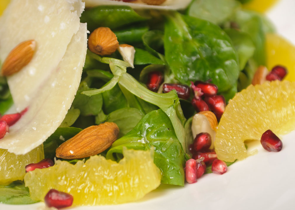 Pomegranate and Orange Salad with Mint, Baby Spinach, Frisee and Radicchio